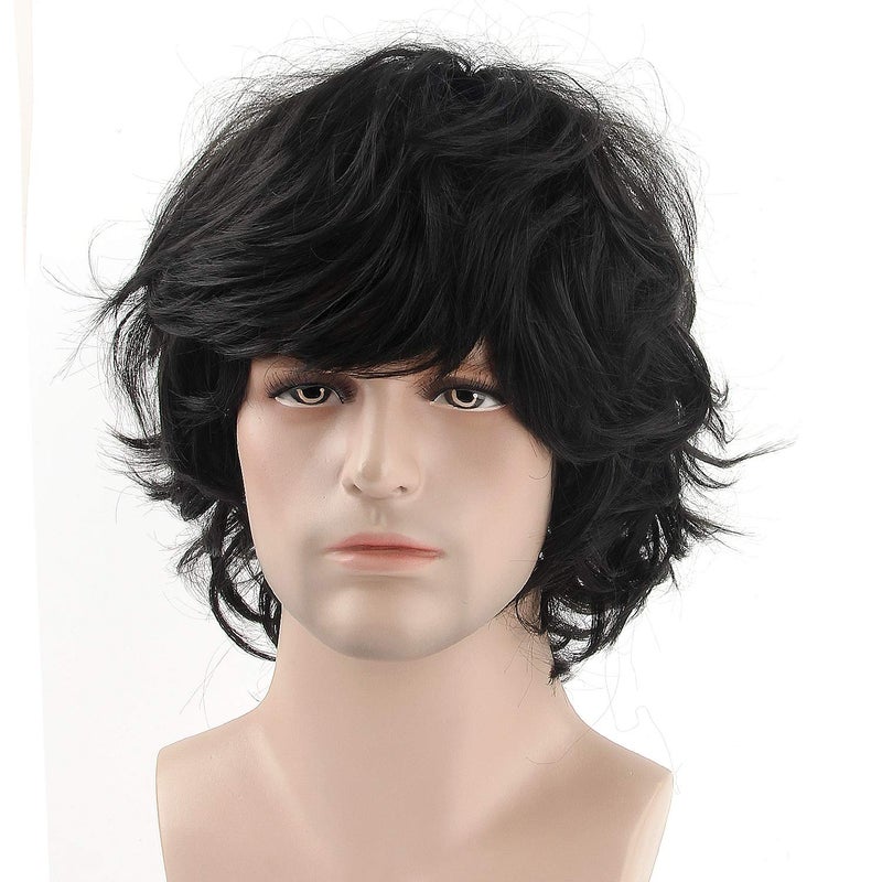 Acecharming Men Black Wig, Short Wavy Shaggy Style Layered Wig for Halloween Costumes Cosplay with Wig Cap - Image 2